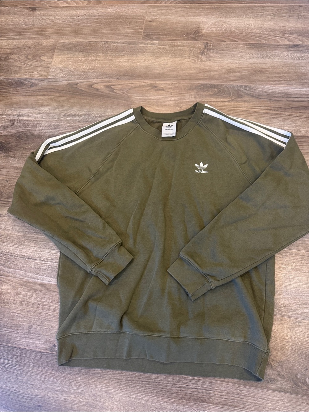 adidas Olive Green Crewneck Sweatshirt with White Three-Stripes